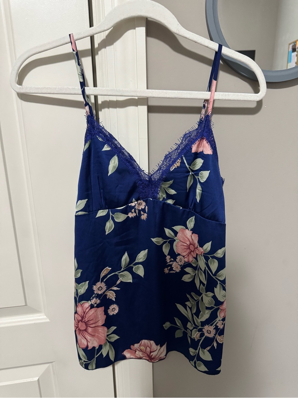 Floral Satin Lace-Trim Camisole in Navy & Pink